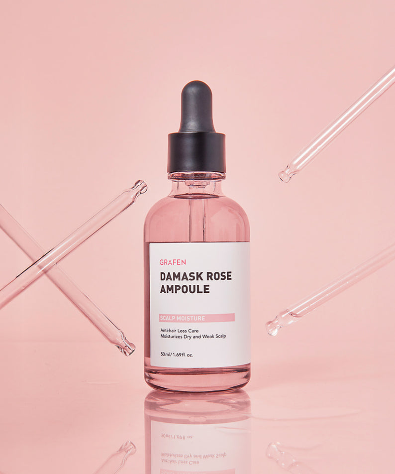 GRAFEN  Damask Rose Ampoule 50ml : flacon sérum rose sur fond pastel, pipettes et ambiance beauté spa.
