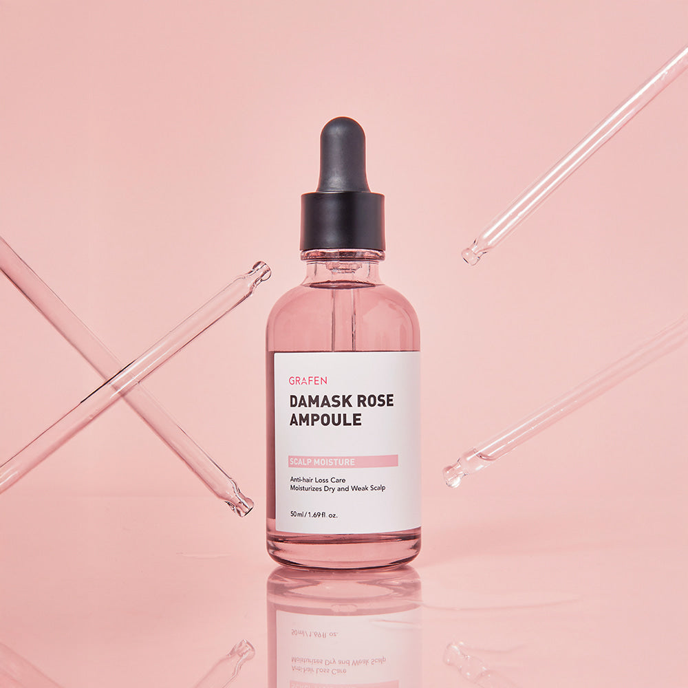 GRAFEN  Damask Rose Ampoule 50ml : flacon sérum rose sur fond pastel, pipettes et ambiance beauté spa.