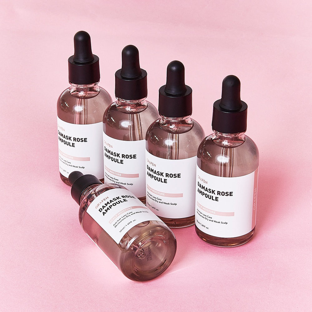 GRAFEN  Damask Rose Ampoule 50ml : flacons compte-gouttes roses sur fond rose, mise en scène cosmétique de la marque.