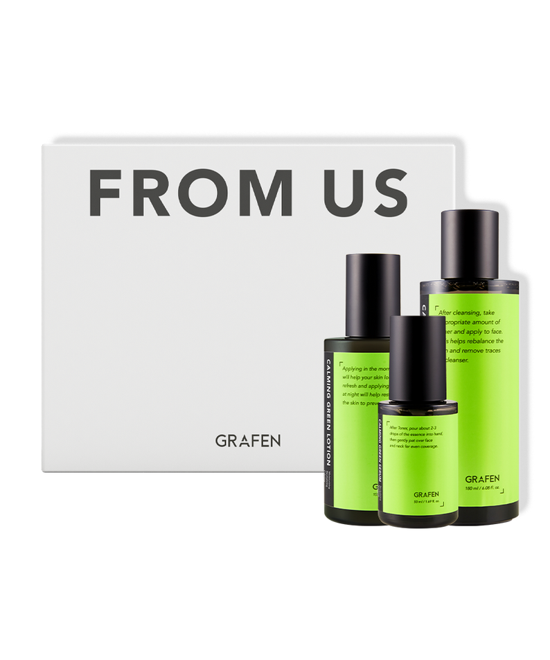 GRAFEN  From Us Calming Green Skin Care Gift Set, pack produit et flacons verts sur fond noir, marque FROM US