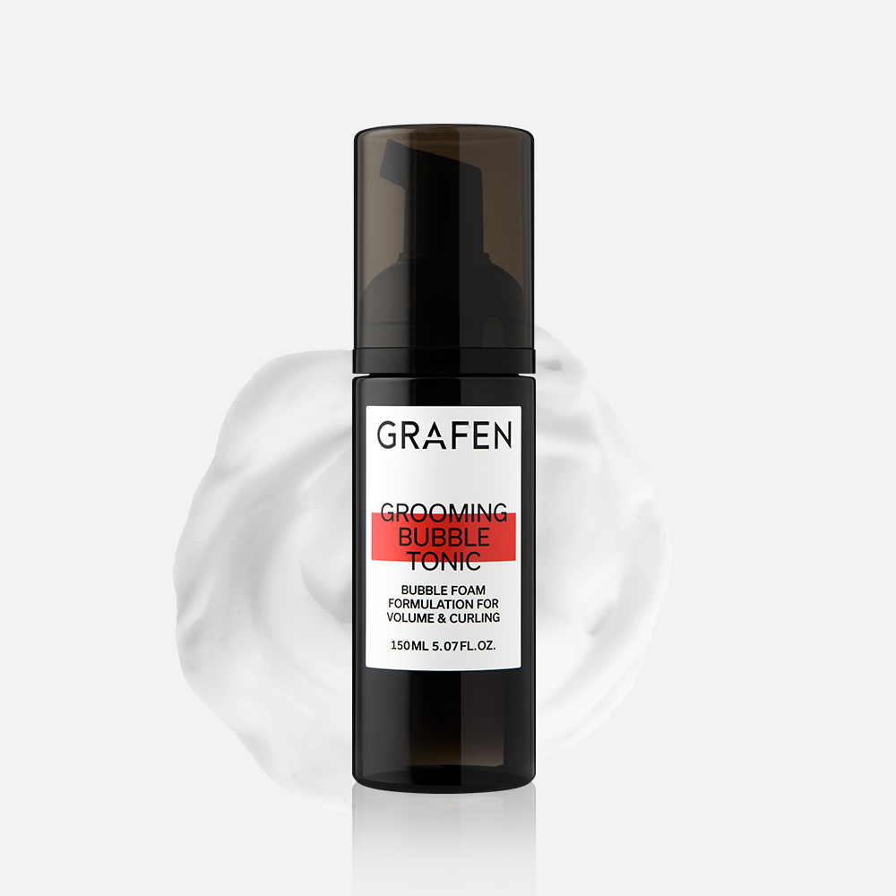 GRAFEN  Grooming Bubble Tonic 150ml, flacon noir sur fond blanc, bulles de coiffage, marque GRAFEN en évidence