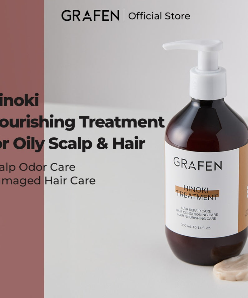 GRAFEN  Hinoki Treatment 300ml : flacon de soin capillaire sur fond blanc, contexte produit GRAFEN Official Store