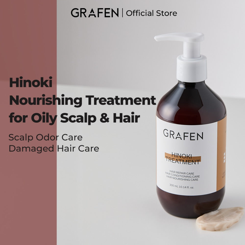 GRAFEN  Hinoki Treatment 300ml : flacon de soin capillaire sur fond blanc, contexte produit GRAFEN Official Store