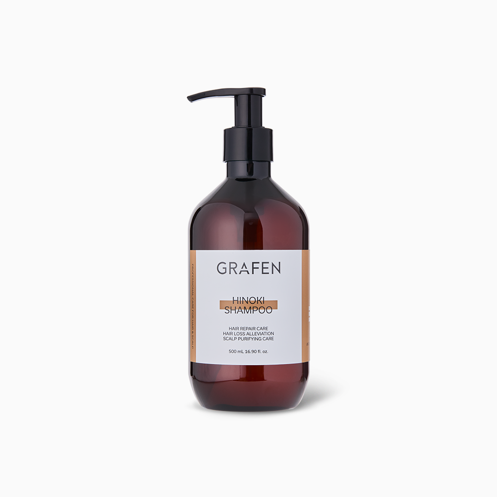 Bouteille GRAFEN  Hinoki shampoo 500ml sur fond blanc, visuel produit, marque GRAFEN et parfum hinoki.