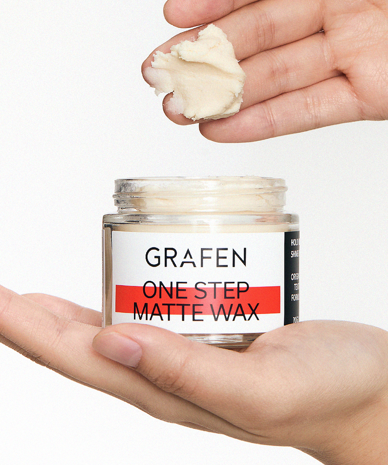 GRAFEN One-Step Matte Wax 70g, pot et cire mate sur la main, texture crème blanche, packaging sur fond clair.