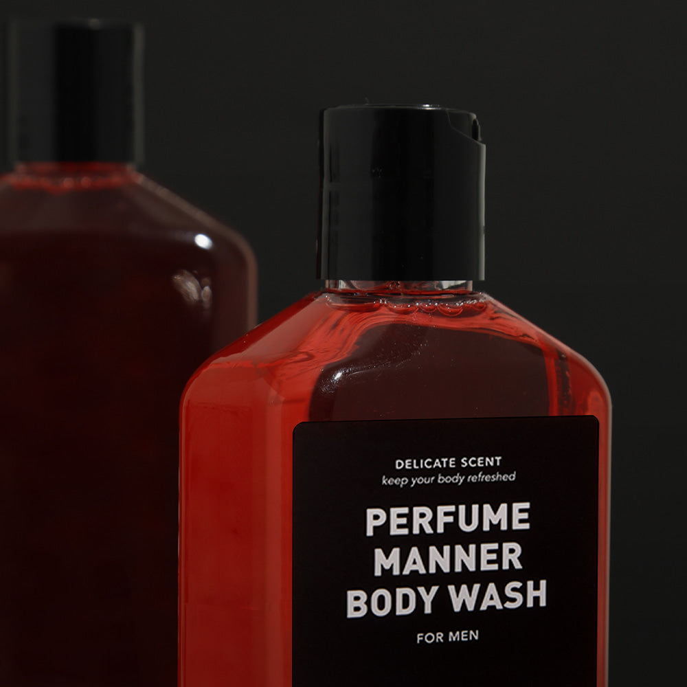 GRAFEN  Perfume Manner Body Wash 250ml, bouteille rouge sur fond noir, vue produit, marque en gros plan.