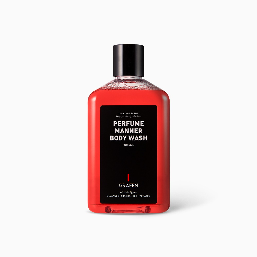 GRAFEN  Perfume Manner Body Wash 250ml : flacon rouge noir sur fond blanc, gel douche parfumé pour hommes