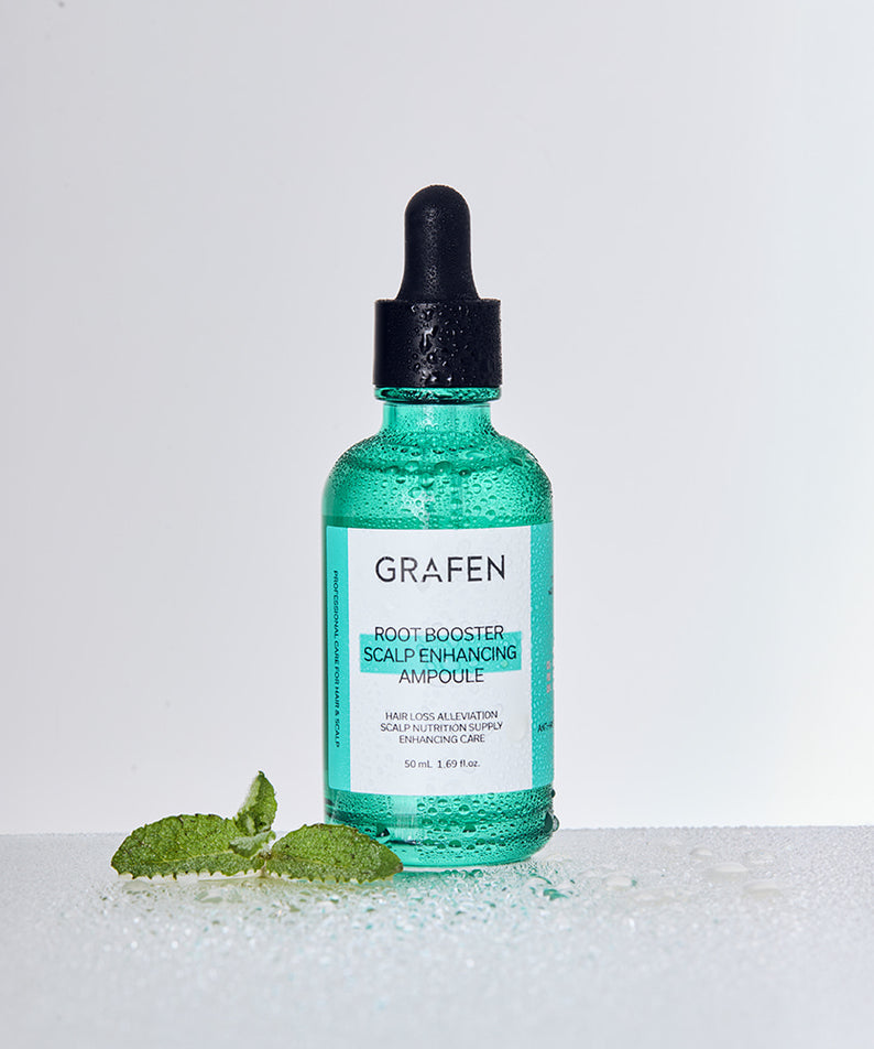 GRAFEN  Root Booster Ampoule 50ml, flacon vert sur fond clair, contexte soin des racines et marque GRAFEN