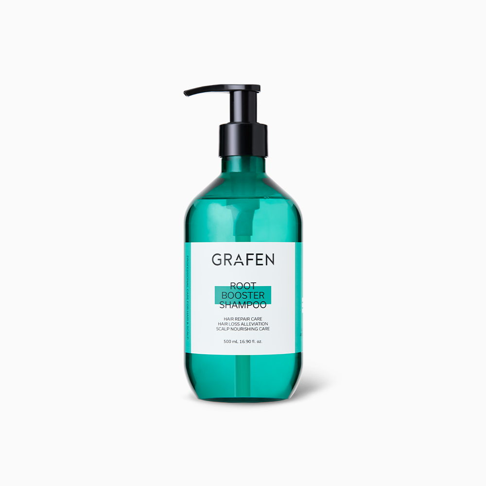 Photo du GRAFEN Root Booster Shampoo 500ml, flacon turquoise avec pompe, sur fond blanc, marque GRAFEN