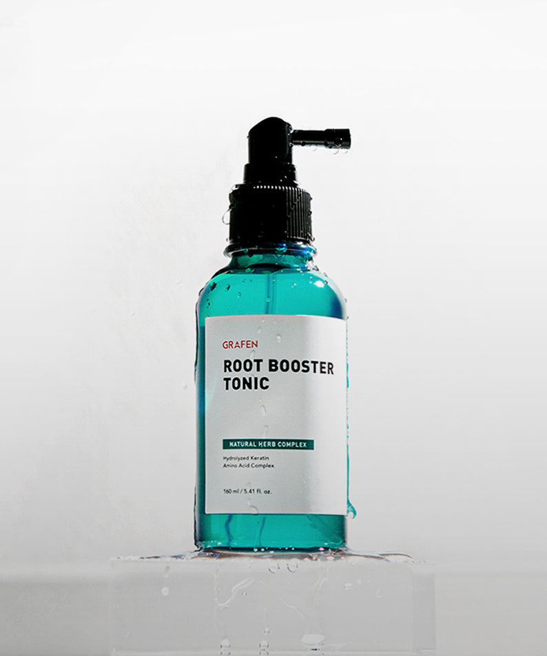 GRAFEN  Root Booster Tonic 160ml, flacon spray bleu sur fond blanc, présentation produit cosmétique