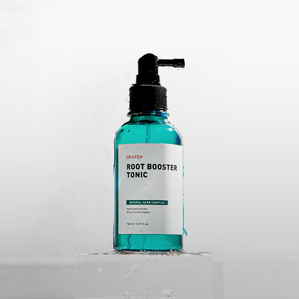 GRAFEN  Root Booster Tonic 160ml, flacon spray bleu sur fond blanc, présentation produit cosmétique