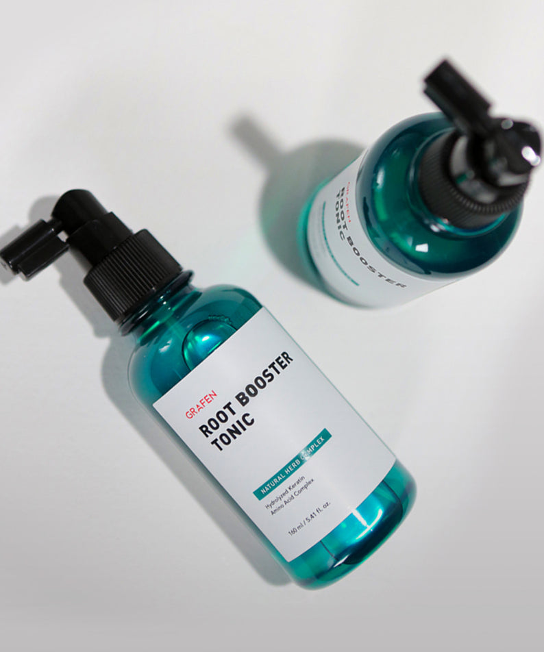 GRAFEN  Root Booster Tonic 160ml, flacon vert et blanc en contexte studio sur fond clair, marque au premier plan.