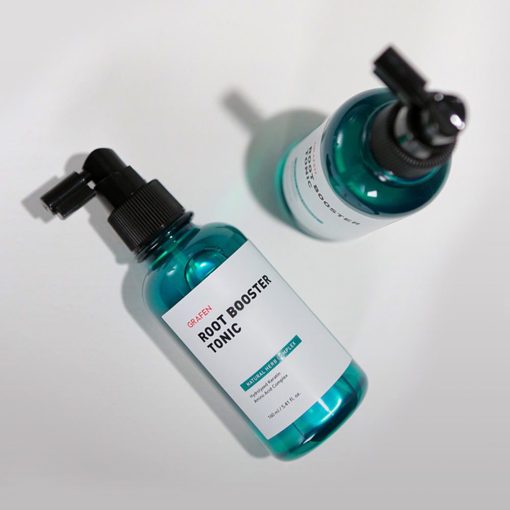 GRAFEN  Root Booster Tonic 160ml, flacon vert et blanc en contexte studio sur fond clair, marque au premier plan.