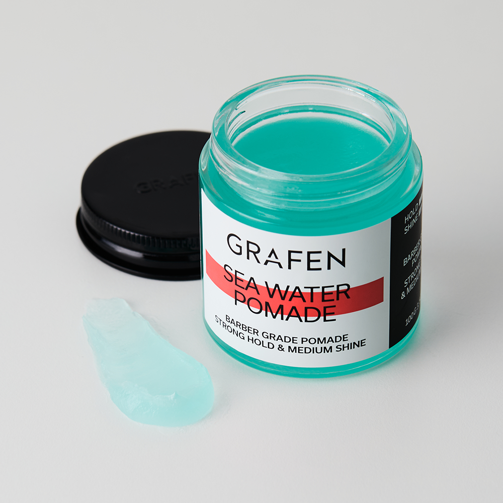GRAFEN  Sea Water Pomade 100g, pot de pommade turquoise sur fond clair, marque GRAFEN, contexte marin en français