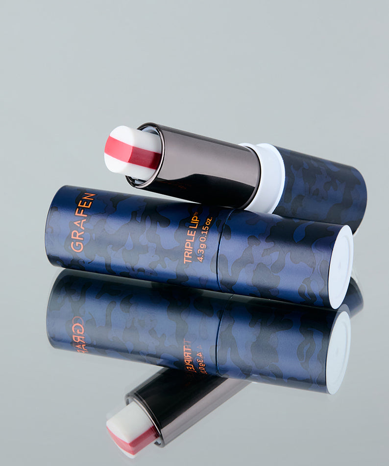 GRAFEN  Triple Lip™ Handsome Lip 4.3g, packaging bleu et blanc sur fond clair, flacon et tube en gros plan.