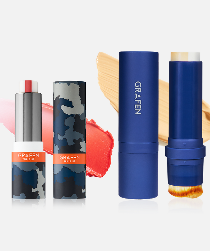 GRAFEN  Triple Lip™ Handsome Lip/ Color Lip, pack et tubes sur fond clair, teintes nude et rouge, marque GRAFEN