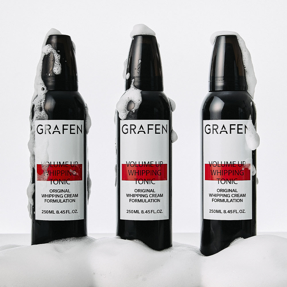 GRAFEN  Volume Up Whipping Tonic 100ml : flacons noir et crème sur fond blanc, marque GRAFEN, visuel produit.