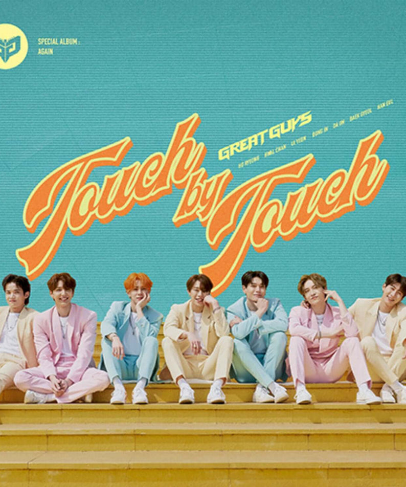 GREATGUYS - Special Album [AGAIN] - Album Kpop, couverture teal avec groupe GREATGUYS assis et logo “Touch by Touch”