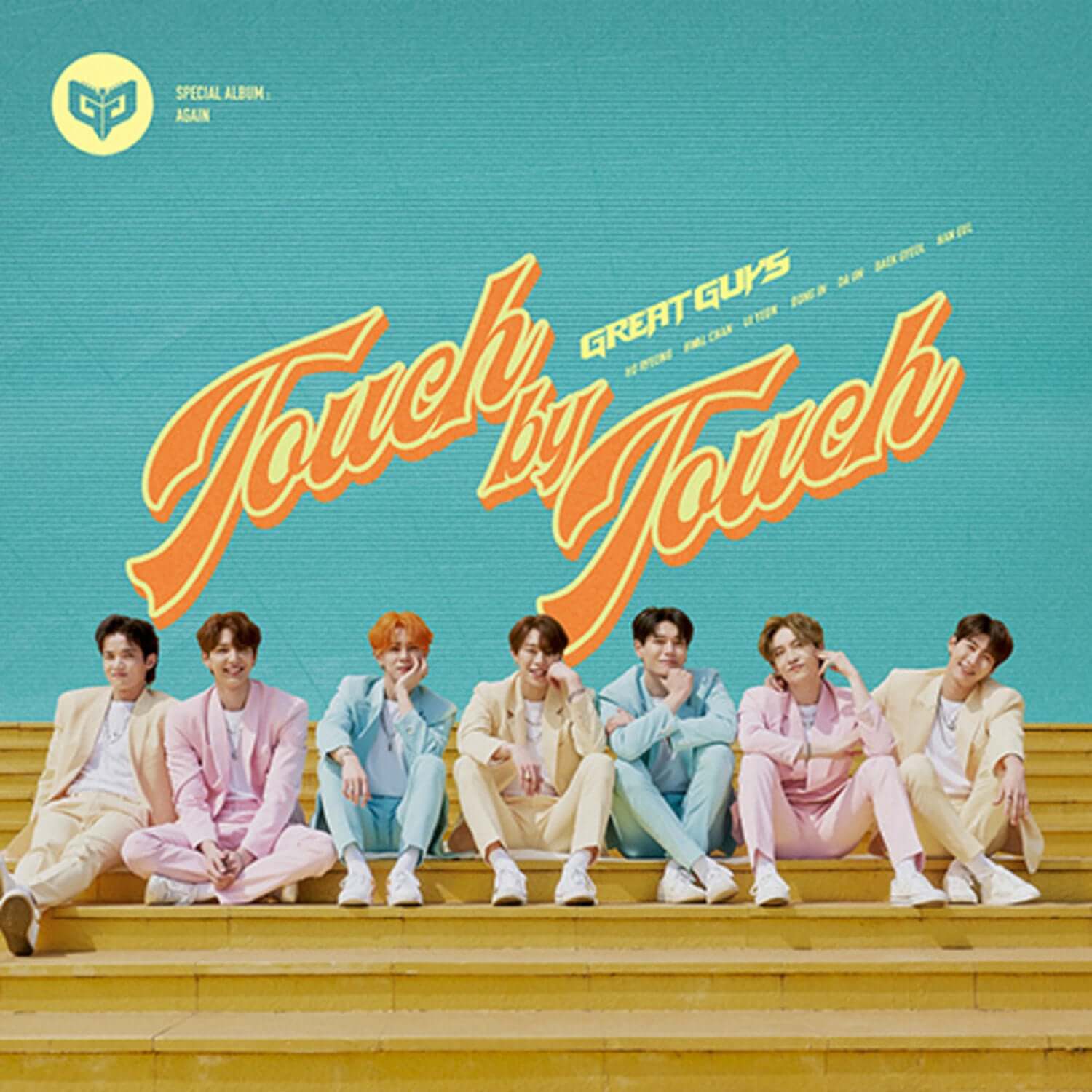 GREATGUYS - Special Album [AGAIN] - Album Kpop, couverture teal avec groupe GREATGUYS assis et logo “Touch by Touch”