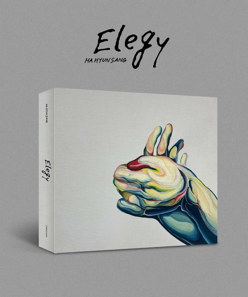 HA HYUNSANG - [Elegy] - Album Kpop : couverture blanche “Elegy” avec main colorée, style visuel studio