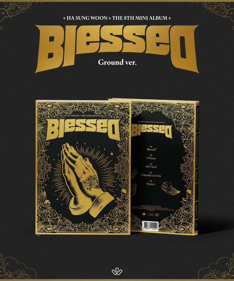 HA SUNG WOON - 8th Album Blessed [Photobook : Ground ver.] - Album Kpop, photobook doré sur fond noir, coffret signé.