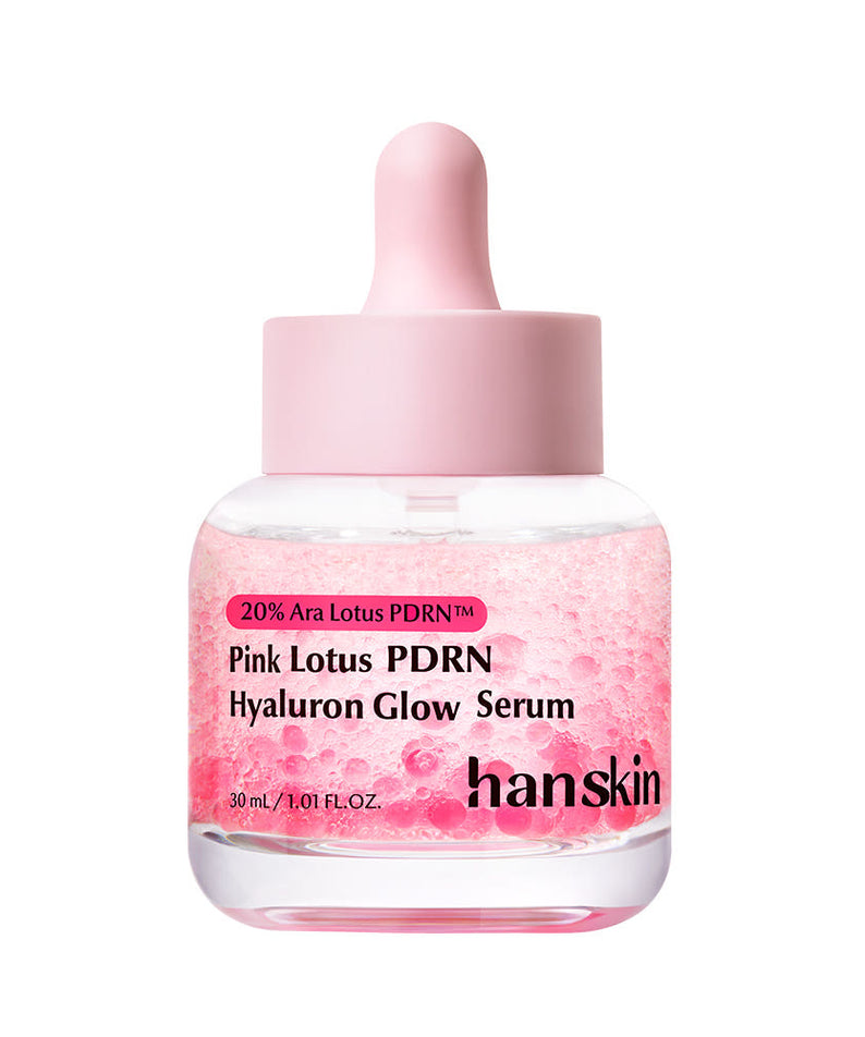 HANSKIN Ara Yeon FLower PDRN Hyaluronic Acid Radiance Serum 30ml, flacon rose sur fond blanc, sérum hydratant.