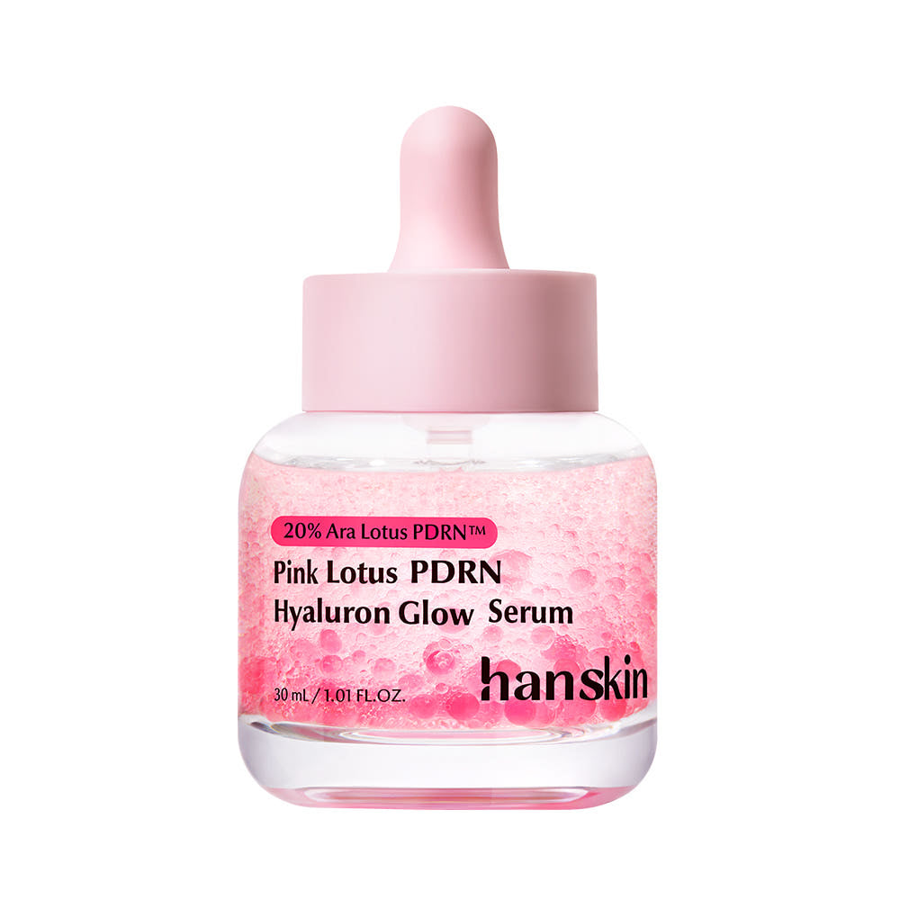 HANSKIN Ara Yeon FLower PDRN Hyaluronic Acid Radiance Serum 30ml, flacon rose sur fond blanc, sérum hydratant.