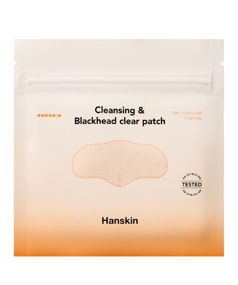 HANSKIN Cleansing Pad & Blackhead Nose Pack 10 sheets, sachet beige à l’écran, “Cleansing & Blackhead clear patch”.