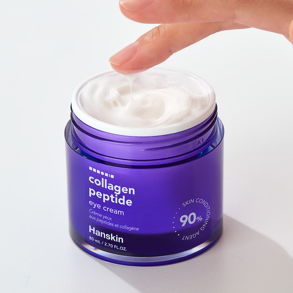 HANSKIN Large Capacity Collagen Peptide Eye Cream 80ml : pot bleu ouvert, main applique la crème, fond clair