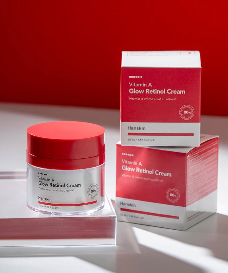 HANSKIN Vitamin A Glow Retinol Cream 50ml, crème visage HANSKIN sur fond rouge et blanc, produit en packaging visible.