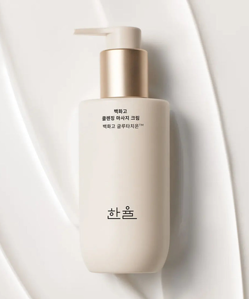 HANYUL Baekhwago Cleansing Massage Cream 200ml, flacon crème beige sur fond blanc, ambiance spa.