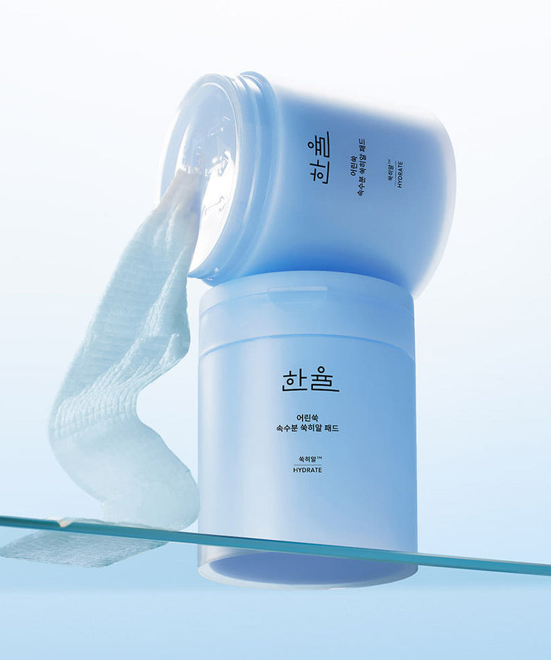 HANYUL Young Artemisia Extract Moisturizing Pad 60 Sheets, pack bleu sur fond clair, main essuie visage (soin hydratant)