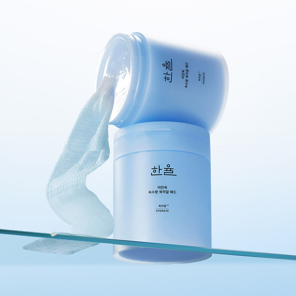 HANYUL Young Artemisia Extract Moisturizing Pad 60 Sheets, pack bleu sur fond clair, main essuie visage (soin hydratant)