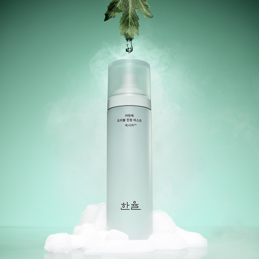 HANYUL Young Artemisia Trouble Mist 120ml de la marque HANYUL, brume fraîche verte avec feuille d’artemisia sur fond vert.