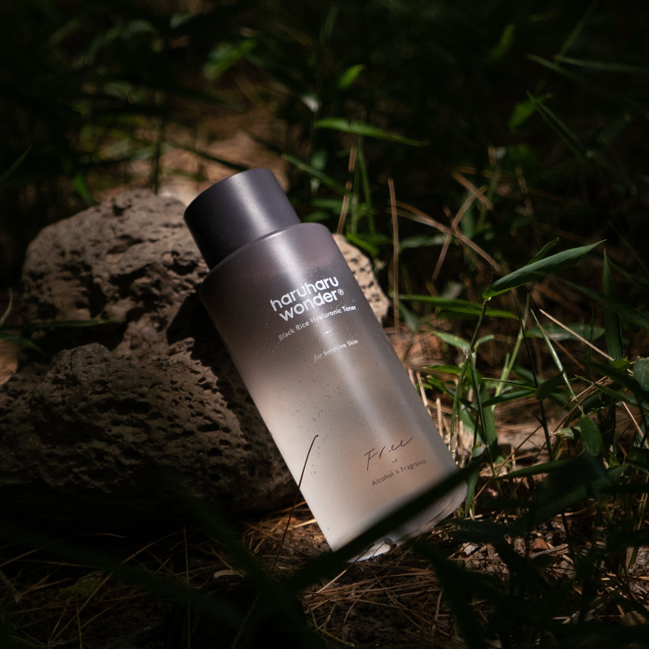 HARUHARU Black Rice Hyaluronic Toner Unscented 150ml de la marque HARUHARU, bouteille sur pierres, dans la nature.
