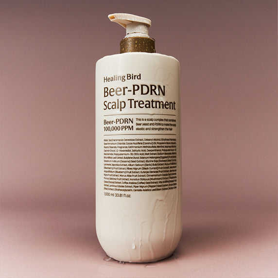 HEALING BIRD Beer PDRN Scalp Treatment 1000ml, flacon blanc sur fond studio, étiquetage lisible, soin scalp.