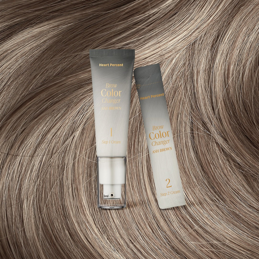 HEART PERCENT Brow Color Changer Ash Brown 20ml, tubes sur cheveux bruns, produit cosmétique maquillage sourcils.