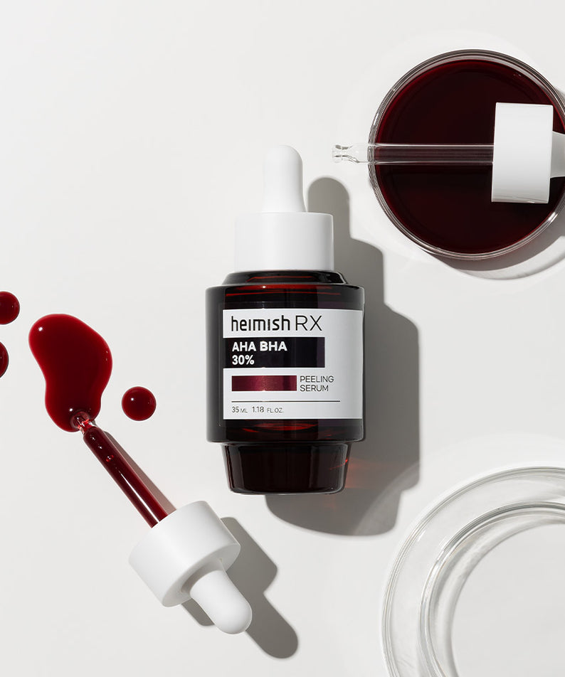Flacon de sérum HEIMISH RX AHA BHA Peeling Serum 35ml avec pipette, design élégant, soin visage exfoliant.