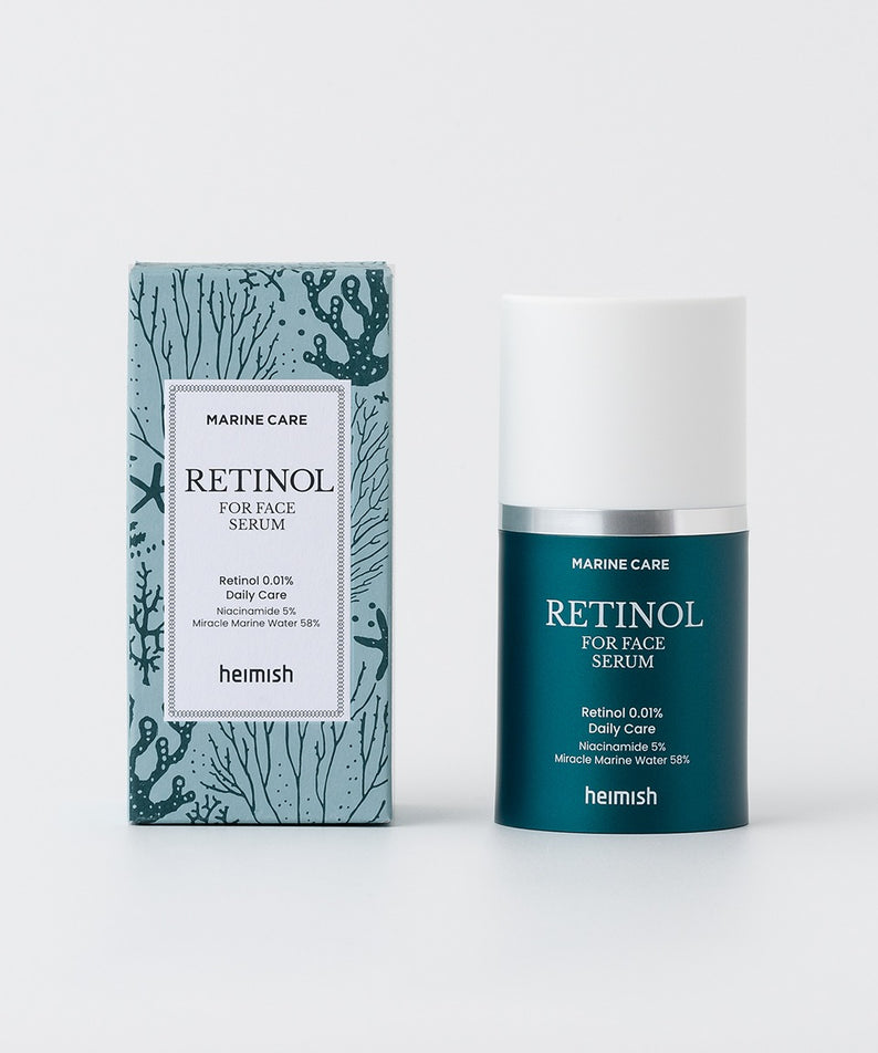 HEIMISH Marine Care Retinol For Face Serum 50ml avec emballage en arrière-plan, soin de la peau efficace.