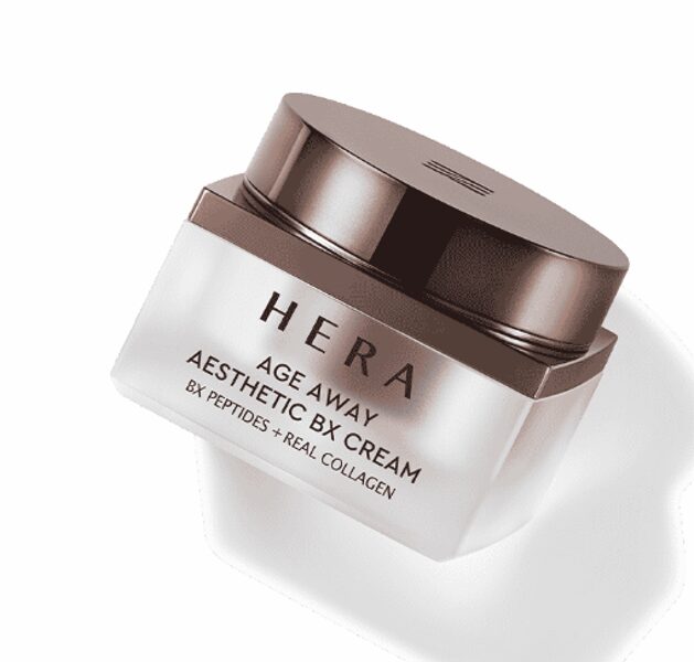 HERA  Age Away Aesthetic BX Cream 50ml, crème anti-âge HERA sur fond blanc, pot produit en vue rapprochée.