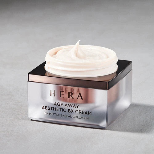 HERA  Age Away Aesthetic BX Cream 50ml, pot crème sur fond clair, visuel de beauté, marque HERA en avant-plan.