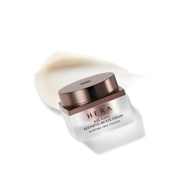 Décris l'image en français en mentionnant le produit, la marque et le contexte visuel. HERA  Age Away Aesthetic BX Eye Cream 25ml