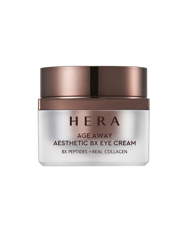 Décris l'image en français : HERA  Age Away Aesthetic BX Eye Cream 25ml, pot crème contour des yeux sur fond blanc.