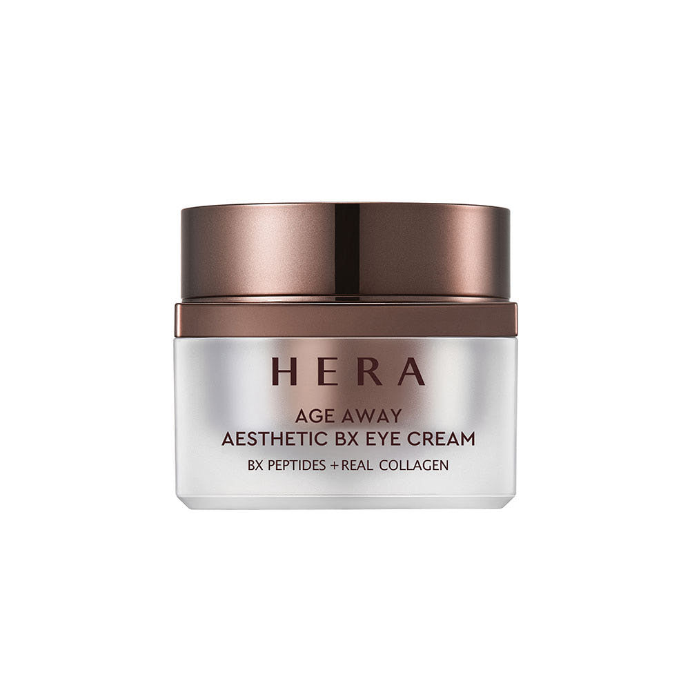 Décris l'image en français : HERA  Age Away Aesthetic BX Eye Cream 25ml, pot crème contour des yeux sur fond blanc.
