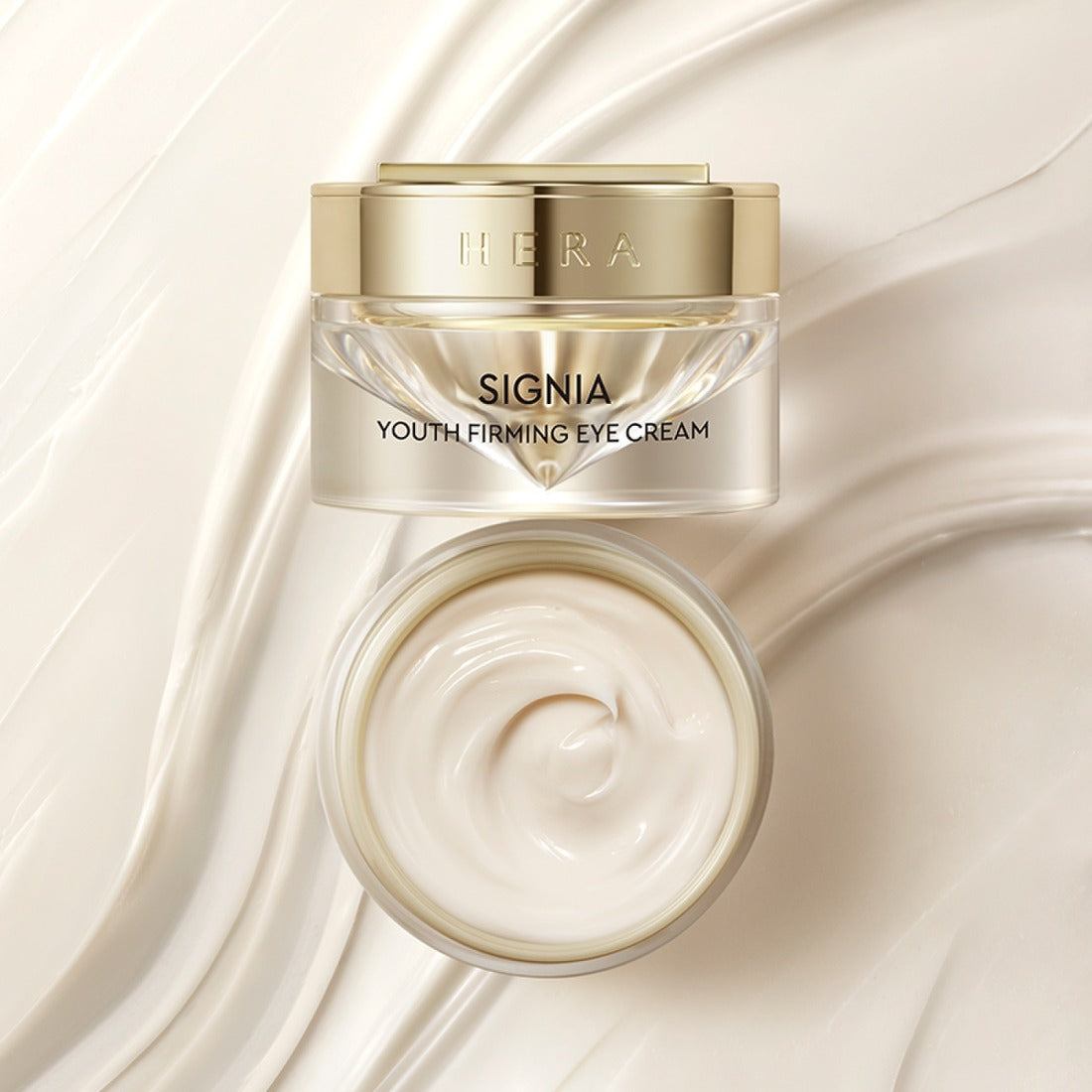 Décris l'image en français en mentionnant le produit, la marque et le contexte visuel : HERA Signa Youth Firming Eye Cream 30ml, pot crème.