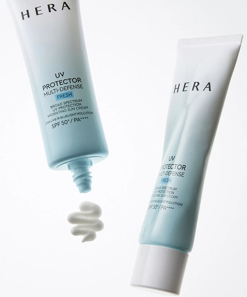 HERA UV Protector Multi-Defense Fresh SPF50+PA++++ 50ml, crèmes solaires bleues sur fond blanc (visuel produits HERA).