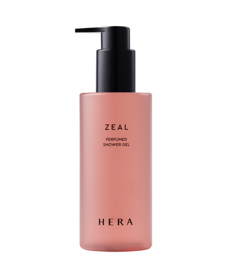 HERA Zeal Blooming Perfumed Shower Gel 250g en flacon rose, marque HERA, sur fond noir, vue produit.