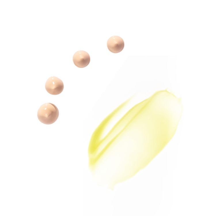 HERBLOOM  Bakuchiol Dual Vita Eye Cream, marque et produit, texture crème jaune et perles beige sur fond blanc