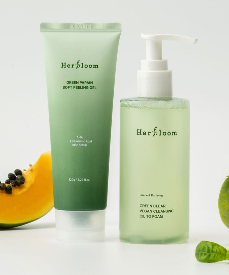 HERBLOOM  Green Papain Soft Peeling Gel 120g, marque sur flacon et tube vert, fond blanc, gel exfoliant.
