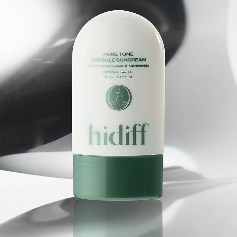 HIDIFF Pure Tone Capsule Sunscreen, crème solaire en capsule blanche sur fond clair, présentation produit marque HIDIFF
